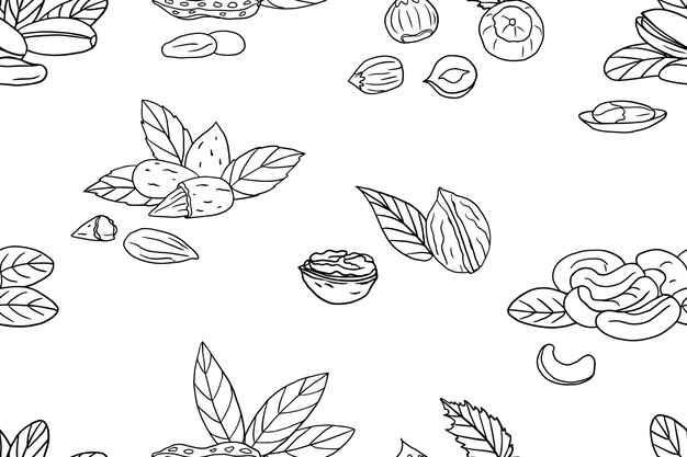 Patrón sin costuras de anacardo, almendra, avellana, pistacho, maní y nuez en estilo garabateado