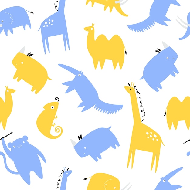 Patrón sin costuras con animales africanos amarillos y azules