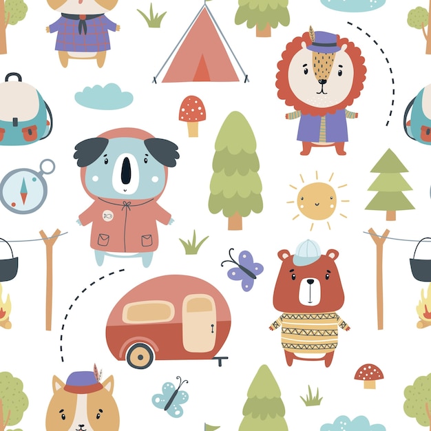Patrón sin costuras con animales lindos en el campamento sobre un fondo blanco Ilustración vectorial en estilo de dibujos animados planos para niños imprimir camiseta campamento para niños