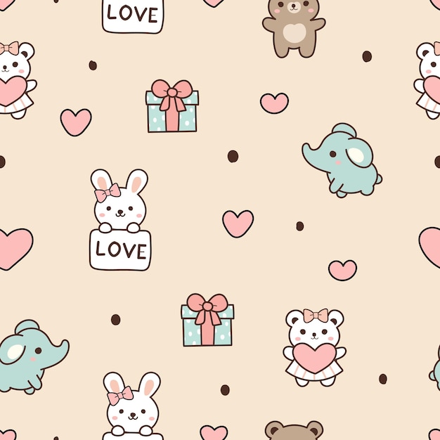 Patrón sin costuras de animales lindos con corazones y regalos Diseño de valentín de dibujos animados Utilizar para impresiones textiles