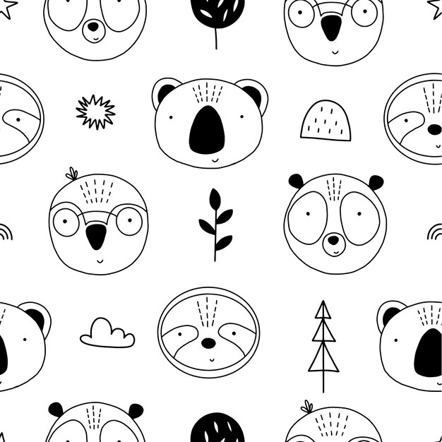 Patrón sin costuras con animales lindos en estilo doodle Ilustración vectorial sobre un fondo blanco para decorar textiles para niños