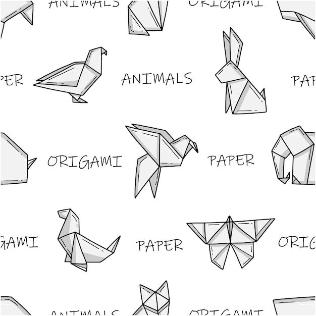 Patrón sin costuras con animales de origami e inscripciones en un estilo de garabato simple