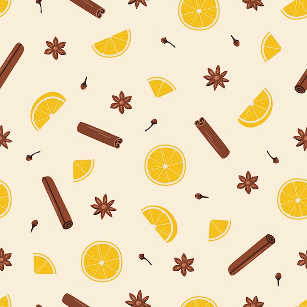 Patrón sin costuras de anís de canela naranja y clavo Ilustración vectorial de ingredientes para el fondo de especias de invierno de vino caliente