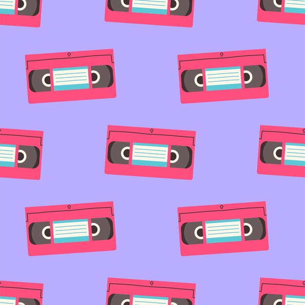 Patrón sin costuras de los años 90 con casete de video Fondo vectorial con parches de pines adhesivos en dibujos animados
