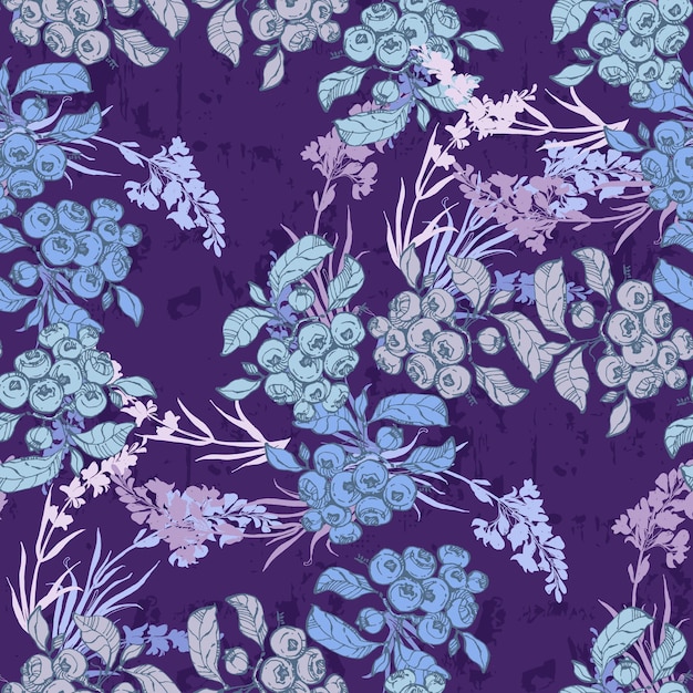Patrón sin costuras con arándanos y lavanda Estilo de boceto de color fondo dibujado a mano Ilustración detallada dibujada a mano Ideal para embalajes de invitaciones de impresiones de telas y textiles