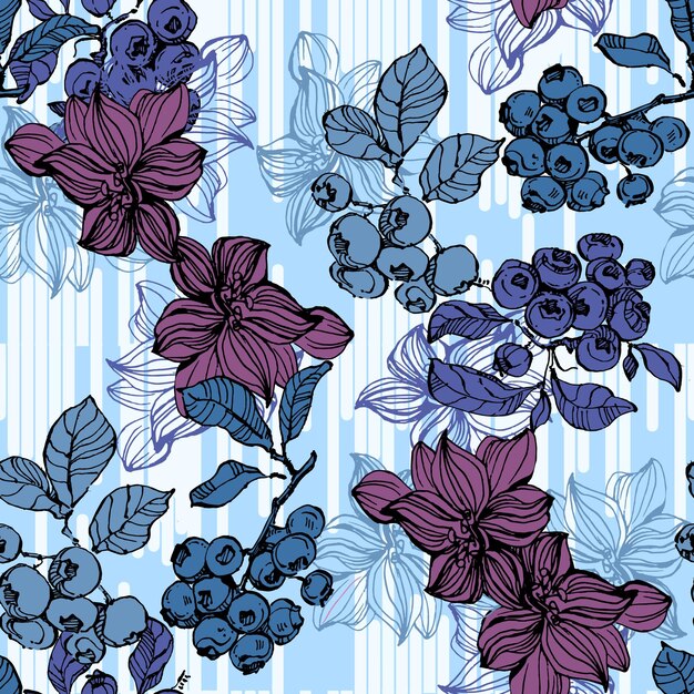 Patrón sin costuras con arándanos y lavanda Estilo de boceto de color fondo dibujado a mano Ilustración detallada dibujada a mano Ideal para embalajes de invitaciones de impresiones de telas y textiles