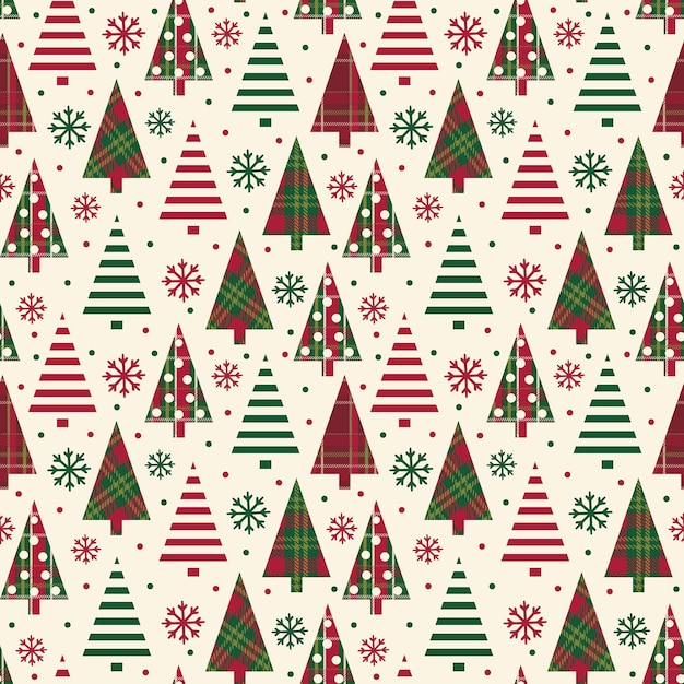 Patrón sin costuras de árbol de Navidad moderno con patrón de cuadros y copos de nieve Vector de cuadros de Navidad