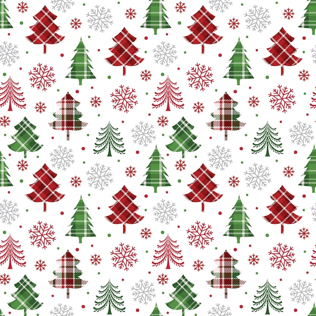 Patrón sin costuras de árbol de Navidad con patrón de cuadros y copos de nieve Ilustración vectorial de Navidad