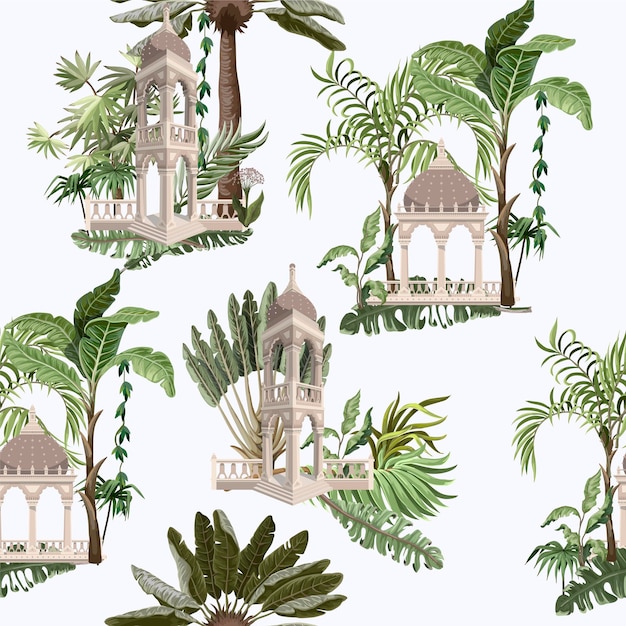 Patrón sin costuras con árboles de la jungla y árbol antiguo Vector