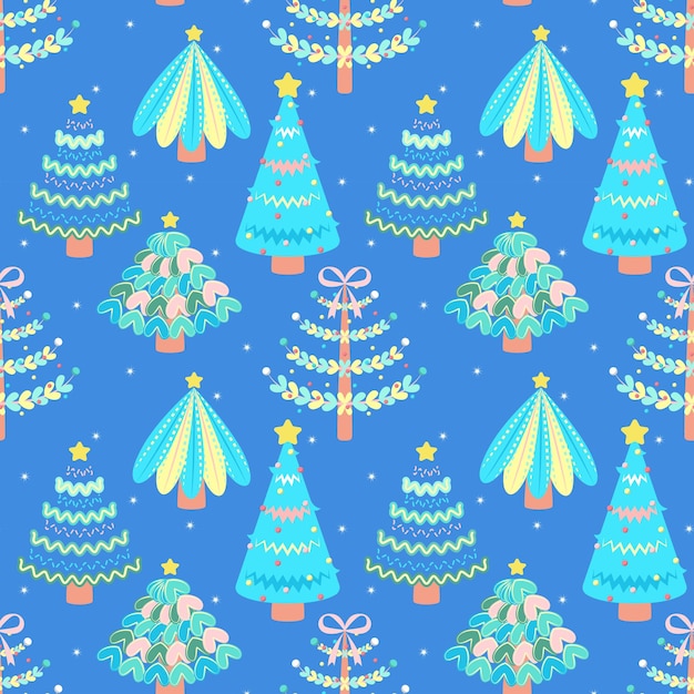 Patrón sin costuras con árboles de Navidad al estilo de dibujos animados_Fondo azul_Perfecto para papel de envolver