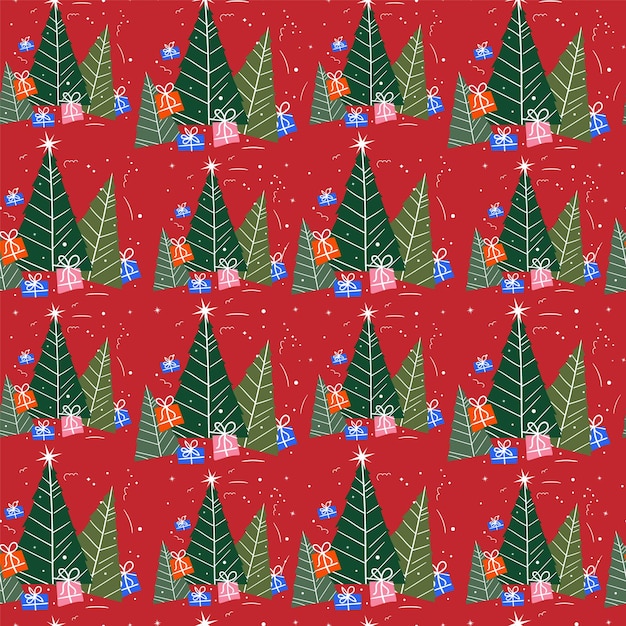 Patrón sin costuras Árboles de Navidad y cajas de regalo estilo doodle de dibujos animados Papel de regalo para cajas de regalo de Navidad Diseño de año nuevo