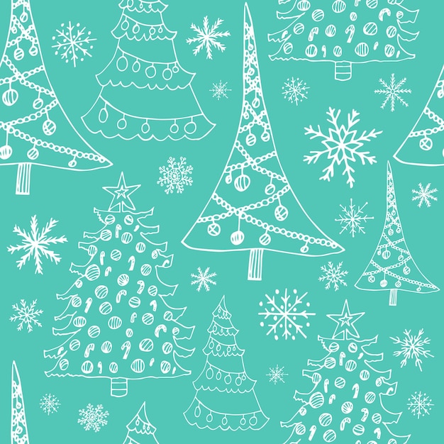 Patrón sin costuras con árboles de Navidad Diferentes tipos de árboles de Navidad con guirnaldas aisladas sobre fondo turquesa