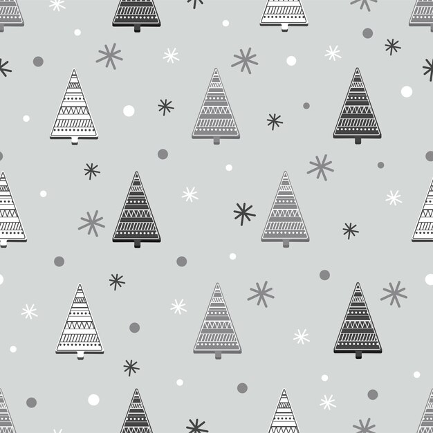 Patrón sin costuras de árboles de Navidad de estilo escandinavo con colores pastel sobre fondo gris