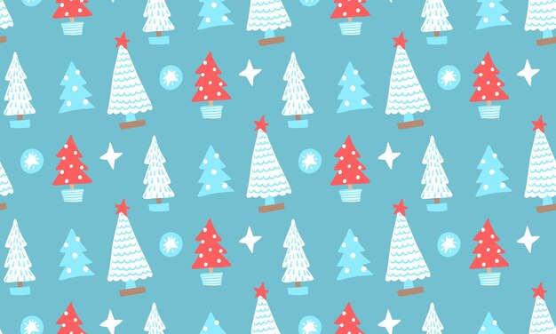 Patrón sin costuras de árboles de Navidad. Fondo rojo y azul de vacaciones de invierno. Niño textil. papel de regalo