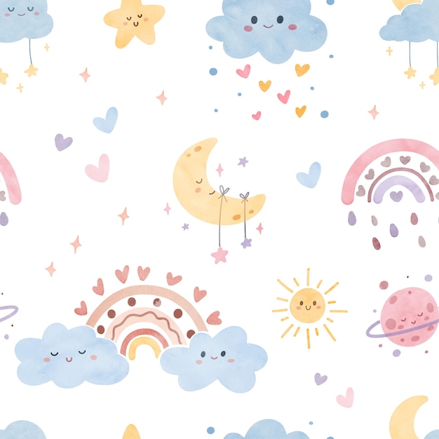 Patrón sin costuras arco iris boho y elementos lindos Ilustración en acuarela