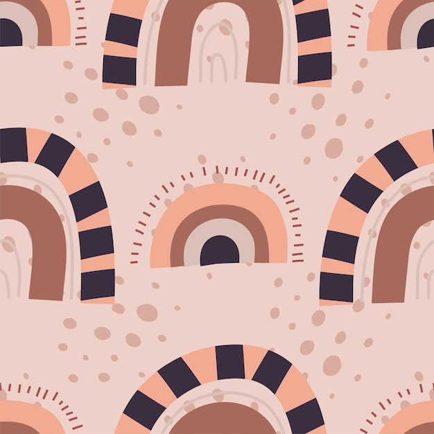 Patrón sin costuras de arco iris boho, patrón repetitivo bohemio en colores tierra. Para textiles para bebés en un estilo nórdico plano. Ilustración de vector con formas simples y arco iris rayado.