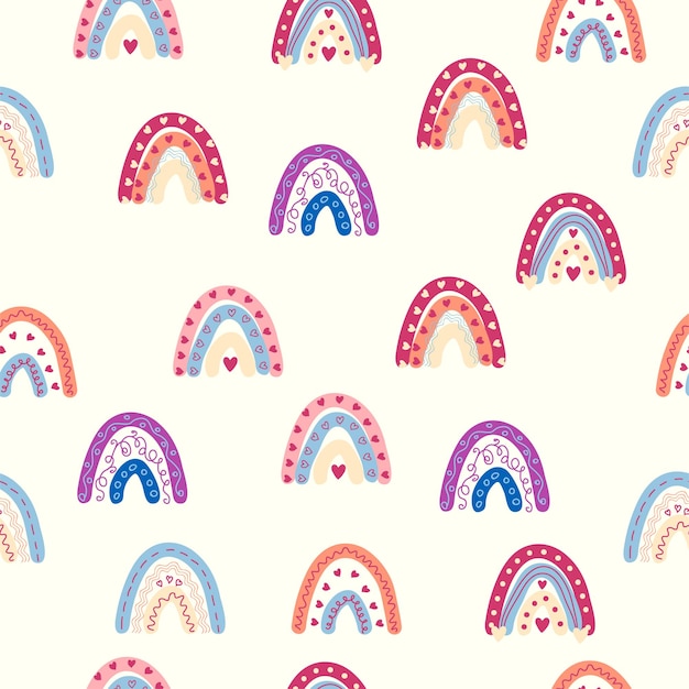 Patrón sin costuras de arco iris en colores pastel Ilustración de dibujado a mano de bebé escandinavo para textiles y ropa de recién nacido