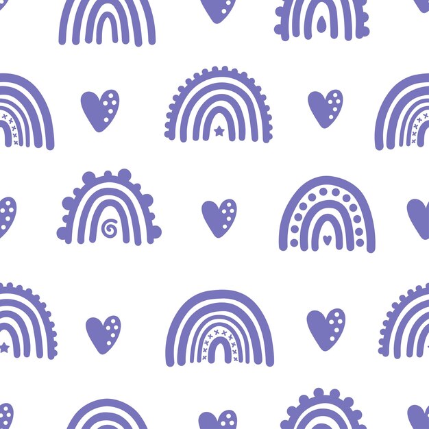 Patrón sin costuras con arco iris morado y corazones