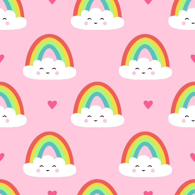 Patrón sin costuras con arco iris sonrientes y nubes y corazones en fondo rosa