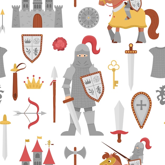 Vector patrón sin costuras de armadura de caballero de cuento de hadas repita el fondo con guerrero blindado de fantasía y castillo papel digital de soldado de cuento de hadas con escudo de espada corona de caballo textura de arma medievalxa