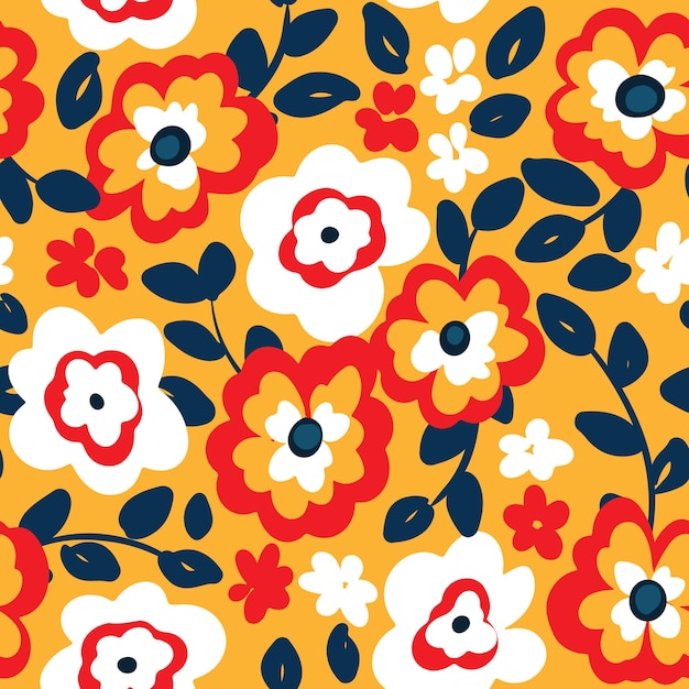 Patrón sin costuras con un arreglo floral simple Estampado floral con pequeñas flores decorativas hojas sobre un fondo amarillo Ilustración vectorial
