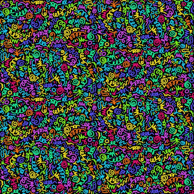 Patrón sin costuras de arte de estilo abstracto de los años 90 con ganchos de líneas y rizos Adorno para imprimir en cubiertas de tela y embalaje Vector de línea fluorescente de color aislado en fondo blanco