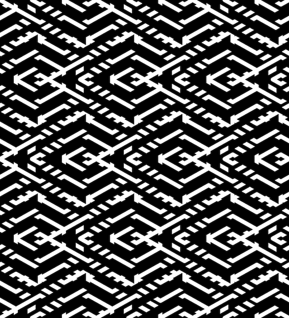 Patrón sin costuras de arte geométrico en blanco y negro, fondo de entretejido monocromo de mosaico vectorial. telón de fondo artificial ilusorio simétrico con rombos.