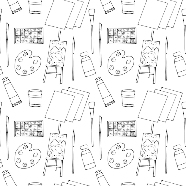 Patrón sin costuras de arte de la ilustración vectorial de suministros del artista, garabatos de dibujo a mano