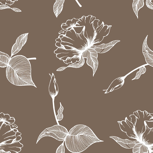 Patrón sin costuras, arte de línea de flores de contorno sobre un fondo viejo y destartalado. Fondo, textil