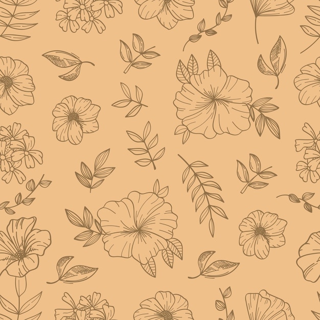 Patrón sin costuras arte de líneas botánicas dibujadas a mano en fondo marrón Ilustración vectorial