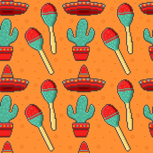 Patrón sin costuras con arte de píxeles cinco de mayo en fondo naranja Ilustración vectorial