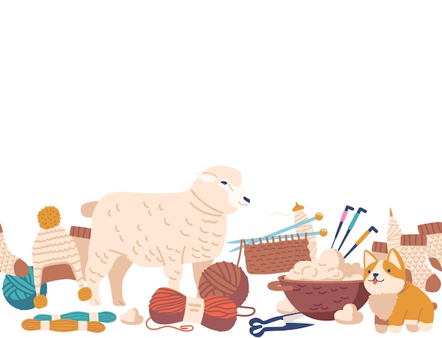Patrón sin costuras con artículos acogedores de lana de oveja con gorros cálidos de hilo esponjoso y calcetines suaves, perfectos para un diseño de invierno cómodo y encantador, papel tapiz de borde horizontal, ilustración vectorial de dibujos animados