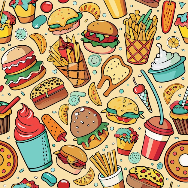 Patrón sin costuras con artículos de comida rápida de dibujos animados