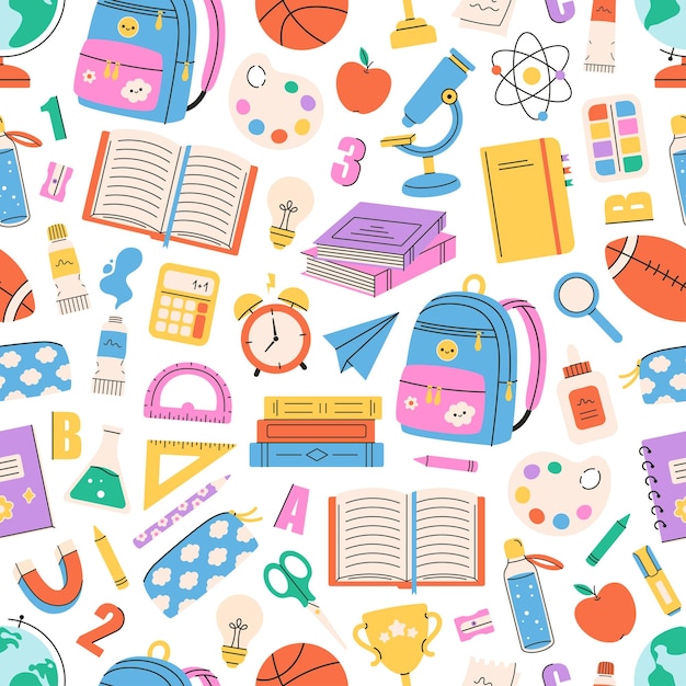Patrón sin costuras con artículos escolares de papelería Educación Concepto de regreso a la escuela