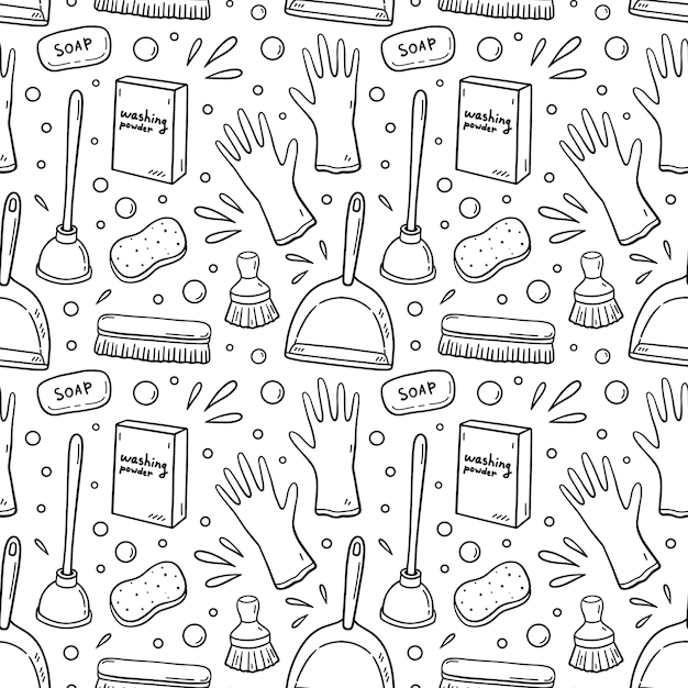 Patrón sin costuras con artículos de limpieza - guantes de goma, jabón, pinceles de fregado, émbolo, polvo de lavado, sartén. Ilustración vectorial dibujada a mano en estilo doodle. Perfecto para impresión, papel tapiz, decoraciones.