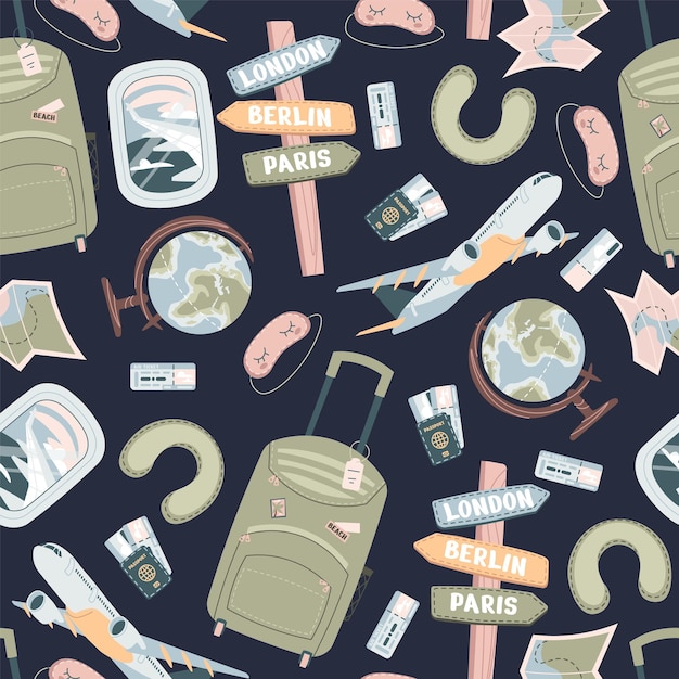 Patrón sin costuras con artículos turísticos fondo sin fin con equipaje avión cosas de viaje viajar alrededor del mundo aventura genial para papel de pared tela scrapbooking