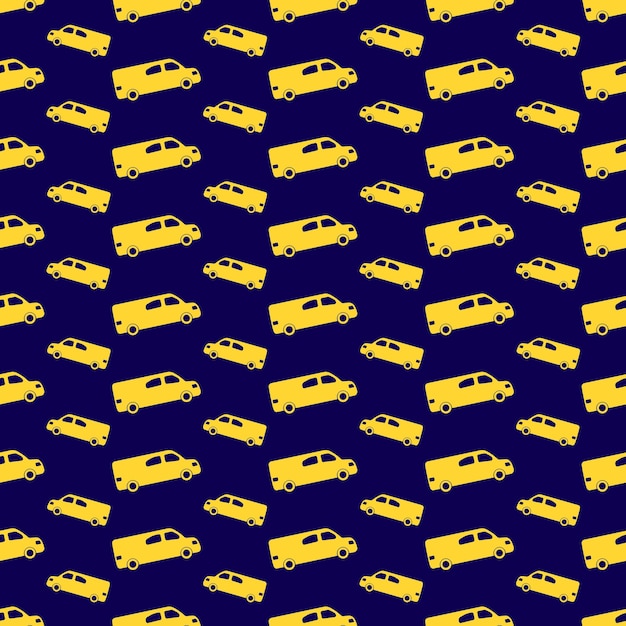 Patrón sin costuras con autos amarillos sobre fondo azul oscuro ilustración vectorial