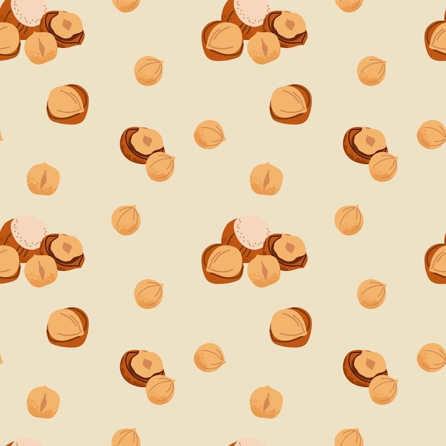 Patrón sin costuras de avellanas de dibujos animados Nueces en cáscara y piezas peladas Alimentos saludables bocadillos dietéticos Decoración papel tapiz de envoltura textil Impresión para tela Ilustración vectorial de diseño de plantas naturales