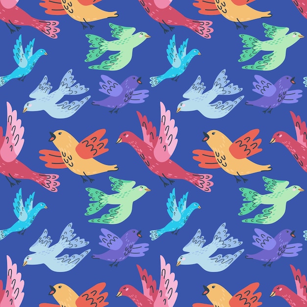 Patrón sin costuras con aves coloridas y bonitas dibujadas a mano