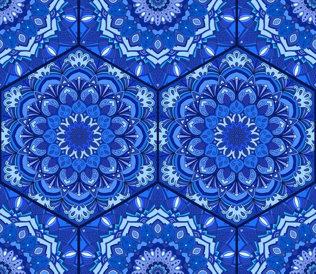 Patrón sin costuras de azulejo azul Fondo de mosaico floral de lujo Decoración boho de Mandala Adorno floral intrincado Elementos de diseño hexagonal Motivo marroquí portugués Impresión de florecimiento oriental inusual