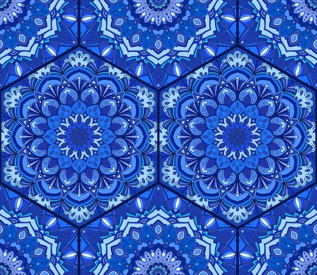 Patrón sin costuras de azulejo azul Fondo de mosaico floral de lujo Decoración boho de Mandala Adorno floral intrincado Elementos de diseño hexagonal Motivo marroquí portugués Impresión de florecimiento oriental inusual