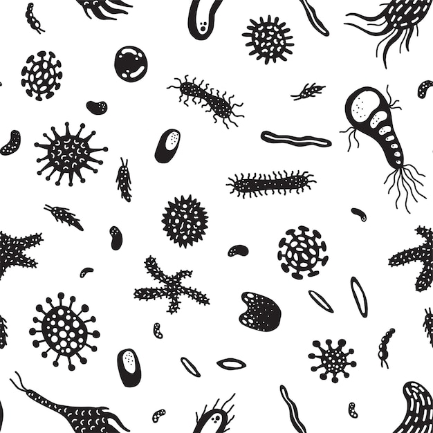 Patrón sin costuras con bacterias garabateadas