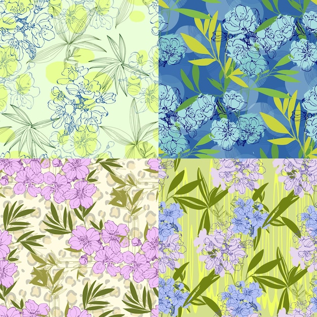 Patrón sin costuras con bambú y sakura Estilo de boceto de color fondo dibujado a mano Ilustración detallada dibujada a mano Excelente para embalajes de invitaciones de impresiones de telas y textiles