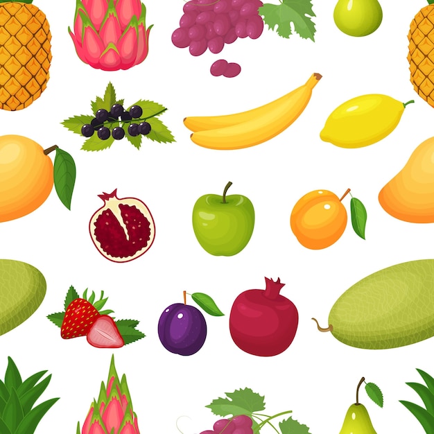 Patrón sin costuras de bayas y frutas Coloridos iconos de dibujos animados de frutas maduras y jugosas aisladas