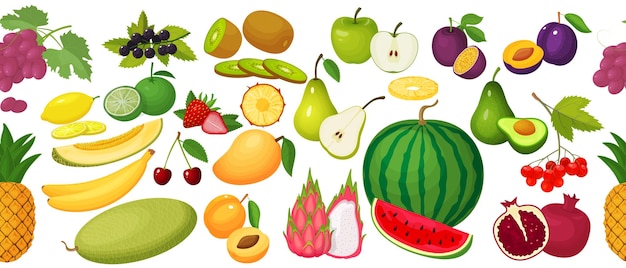 Vector patrón sin costuras de bayas y frutas coloridos iconos de dibujos animados de frutas maduras y jugosas aisladas