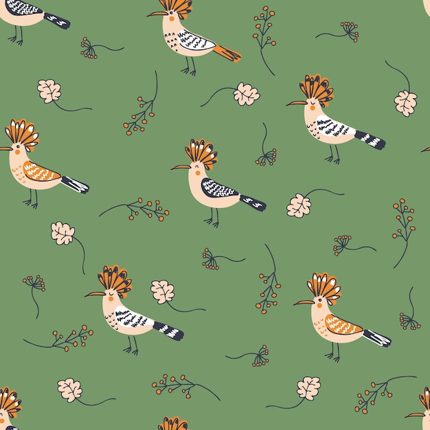 Patrón sin costuras con bayas y hojas de pájaros de abubilla Perfecto para camiseta textil e impresión Ilustración de vector dibujado a mano para decoración y diseño