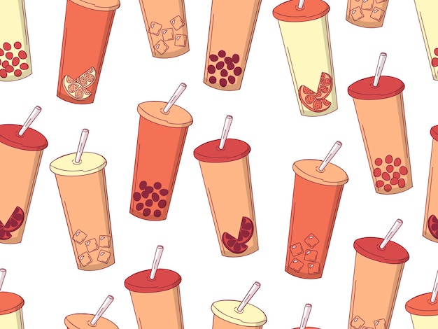 Patrón sin costuras de bebidas en vasos altos café y té de burbujas Colores beige Ilustración vectorial