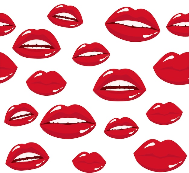 Patrón sin costuras Beso de lápiz labial rojo sobre fondo blanco Ilustración plana vectorial para diseño Impresión de los labios