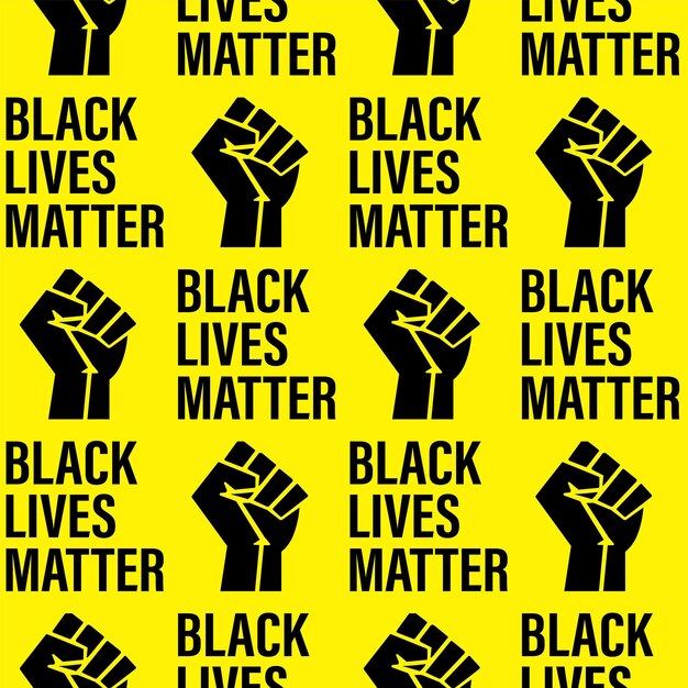 Patrón sin costuras Black Lives Matter movimiento puño cerrado y texto en fondo amarillo Imprimible