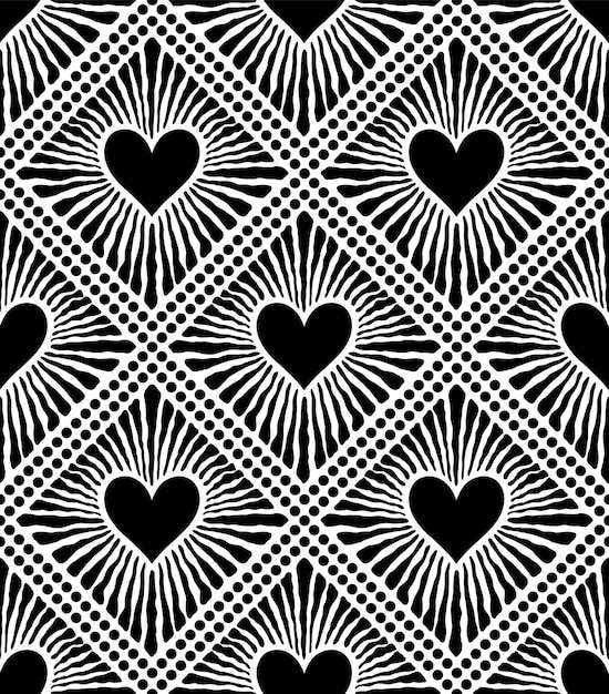 Patrón sin costuras en blanco y negro de alto contraste con corazones